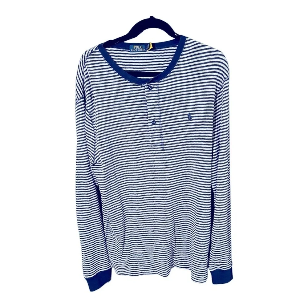 Polo by Ralph Lauren Navy and White Striped Long Sleeve Henley